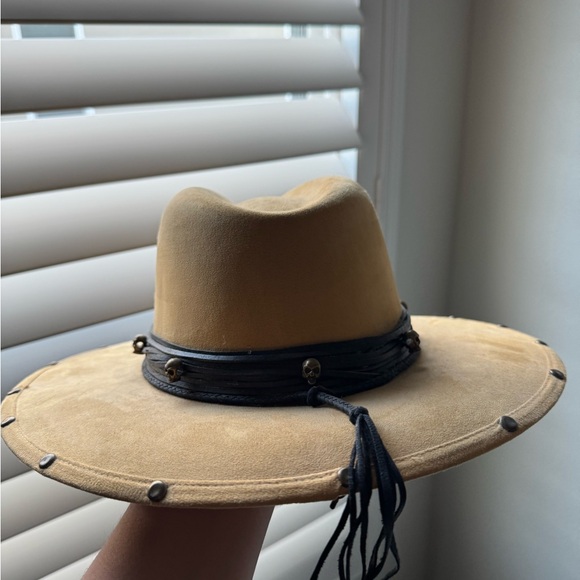 Tan Fedora Hat with Black Ribbon and Studded Brim